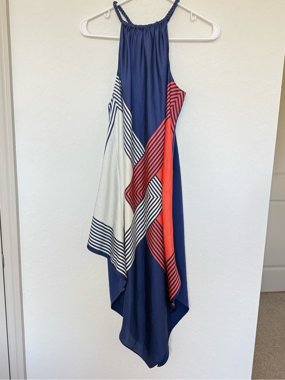 Rachel Roy Halter Asymmetrical Scarf Handkerchief Dress Rope Strap Navy Orange